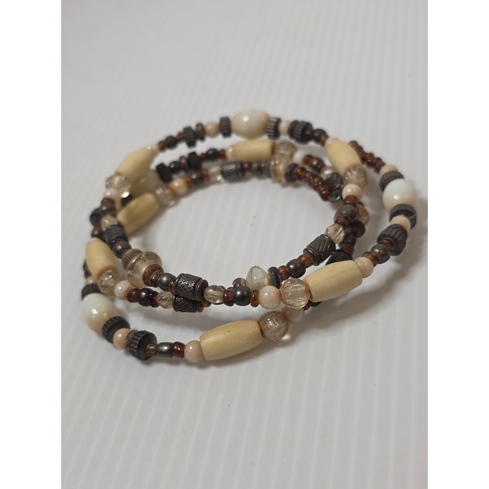 Unbranded Beaded Wrap Bracelet OS Earthy Brown Cream Excellent Boho Wrap